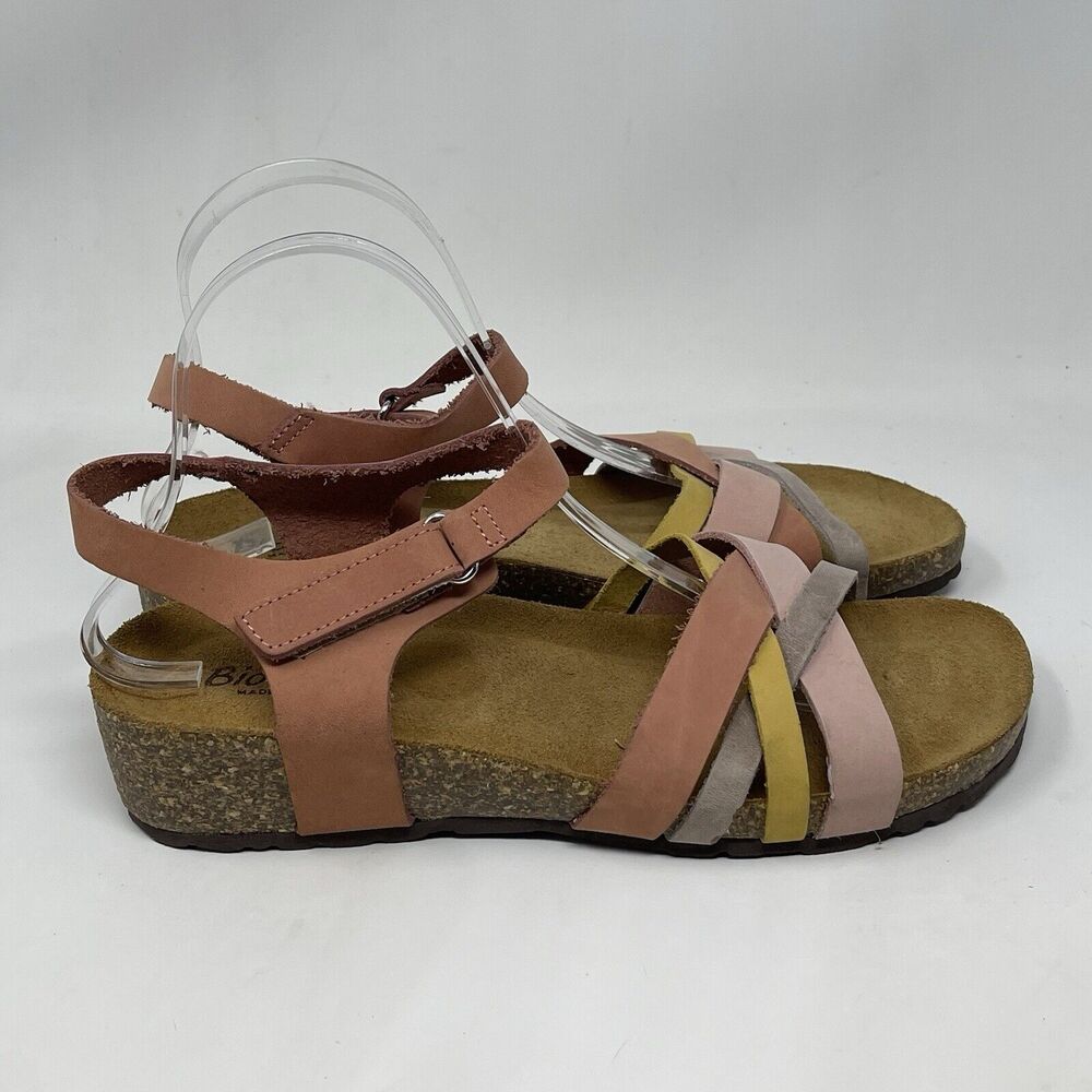 Bio Gold Cork Wedge Sandals Womens 9 Rose Pink Leather Ankle Strap Casual Comfy